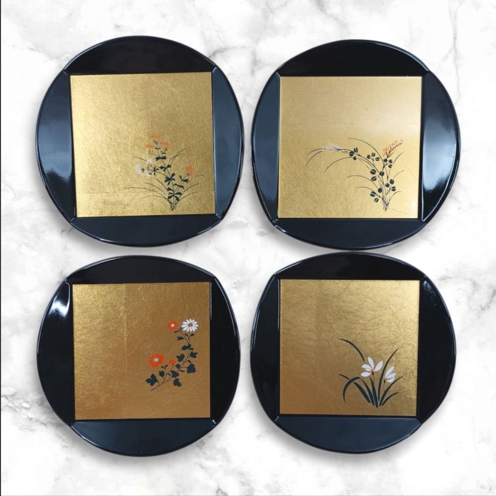 Vintage Hakuichi Original Lacquer Ware Plates Coasters Set Of 4 Floral Gold Leaf